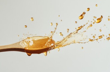 Wooden spoon with a splash of amber liquid. Liquid droplets and splashes around a wooden spoon