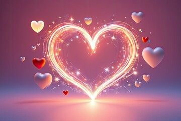 Abstract glowing heart with floating hearts and sparkles on a romantic pink background