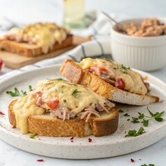 Delicious tuna melt sandwiches with melted cheese on toasted bread on a white plate