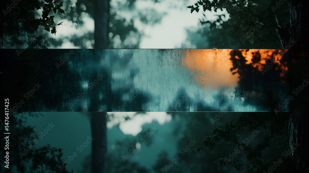 Poster abstract forest scene at sunset with a dark teal and orange color palette. the image is stylized wit