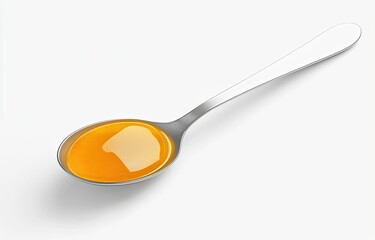 A spoonful of amber liquid.  A gleaming silver spoon holds a vibrant orange-yellow liquid