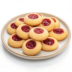 Delicious homemade thumbprint cookies filled with sweet red raspberry jam on a plate