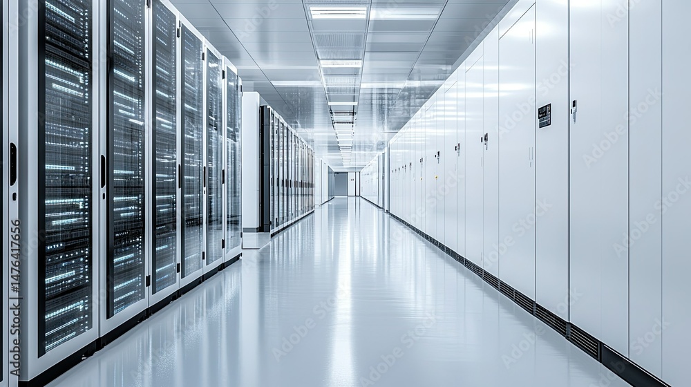 Poster a long hallway with rows of server racks and white cabinets in a data center environment setting