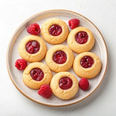 Delicious homemade thumbprint cookies with raspberry jam and fresh raspberries on a plate