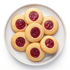 Overhead view of homemade raspberry jam thumbprint cookies arranged on a white plate