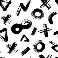Watercolor strokes pattern boho.Geometric memphis style background.Seamless abstract vector black and white Grunge brush stroke,triangles,circles,infinity sign,eight. texture Handdrawn 90s style