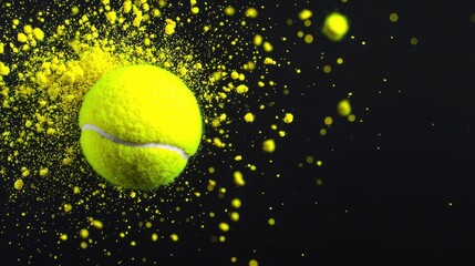 Bright Yellow Tennis Ball Surrounded by Colorful Powder Explosions Against Dark Background
