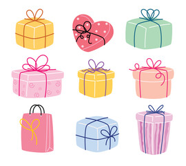 Gift box drawing elements clipart set. Birthday gift box colorful clip art collection for flat icon decoration in white background vector illustration. 
