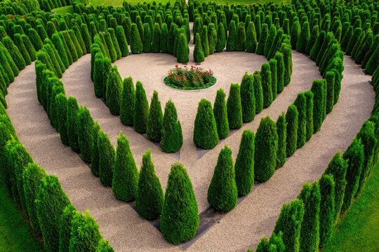 Aerial view of a beautiful heart shaped maze formed with lush green trees