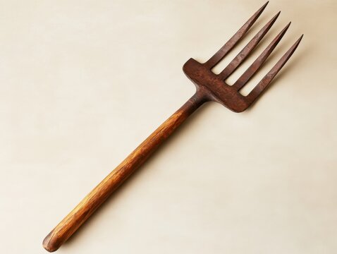 Antique pitchfork resting on neutral surface overhead shot rustic farm tool vintage equipment agriculture implement