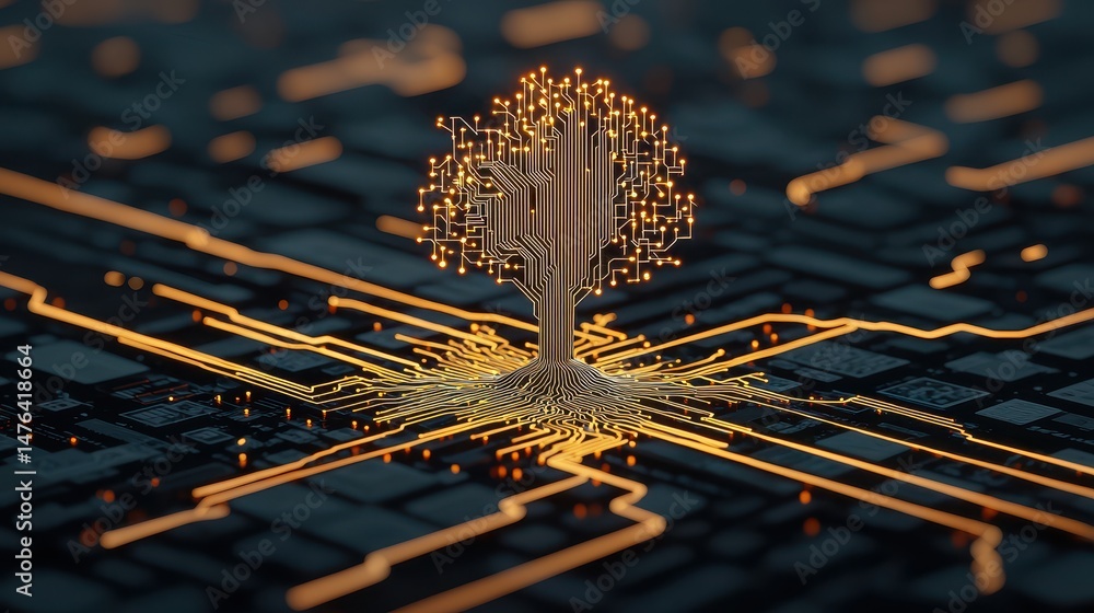 Poster digital tree concept on circuit board background representing technology and nature integration