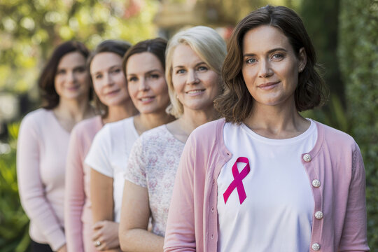 Diverse women in a line wearing pink support breast cancer awareness.