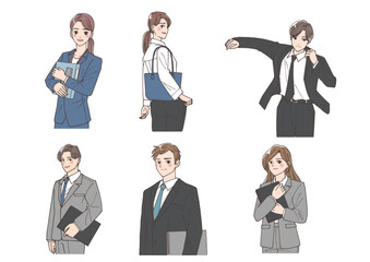 決めポーズをしている若い男女のビジネスマンのイラストセット