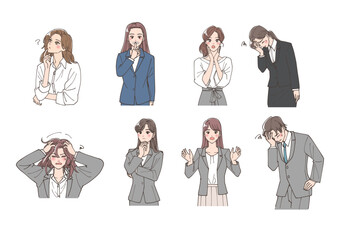 若い男女のビジネスマンが様々なジェスチャーをしているイラストセット