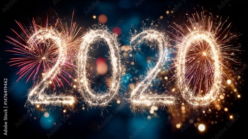 Poster Sparkling 2020 Written with Sparklers Against a Festive Background of Fireworks and Bokeh