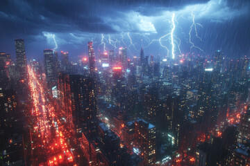 Fototapeta premium Storm Clouds Collide with Neon Dreams in the Skyline