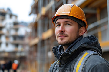 Engineer Standing with Blueprints at Urban Construction Area