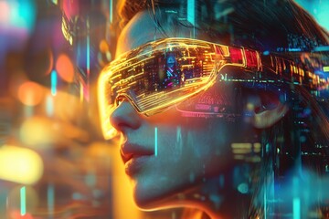 Naklejka premium Futuristic woman wearing advanced technology glasses in vibrant city lights.