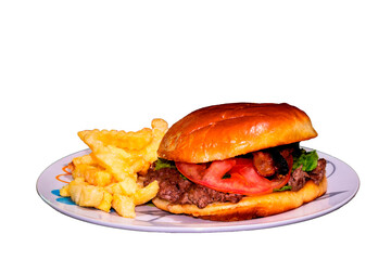 a plate with hamburger and french fries on a transparent background