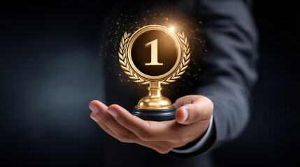 Hand holding golden trophy with 1 on it, symbolizing victory and achievement. background is dark, enhancing trophy shine and elegance, evoking feelings of success and celebration