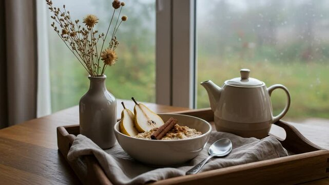 Cozy breakfast scene with oatmeal and tea by the window  