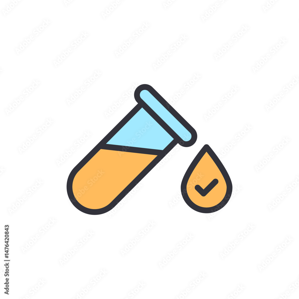 Poster laboratory test tube with valid check mark in droplet on transparent