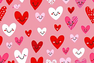 Cute seamless pattern of smiling hearts in various colors on a pink background