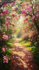 Naklejka premium Blooming pathway through a vibrant spring garden