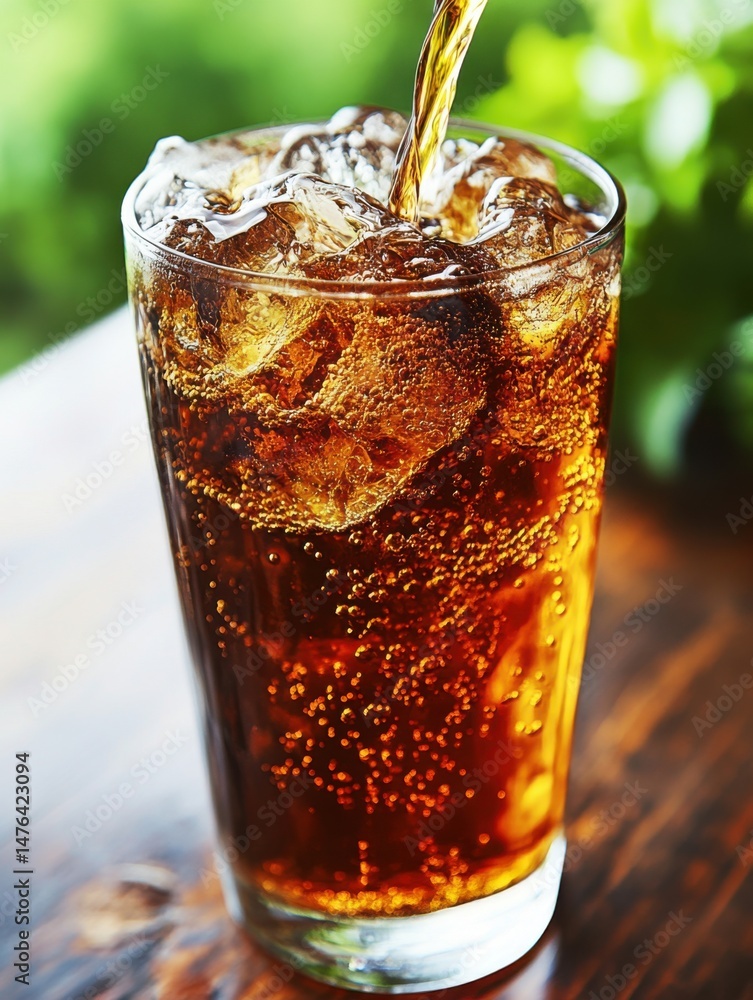 Poster refreshing cola being poured into a glass with ice cubes close up view on a wooden table with green 