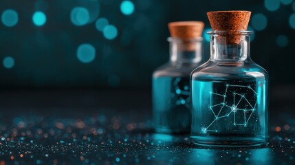 Mystic Glass Bottles with Illuminated Liquid and Starry Pattern on Dark Background