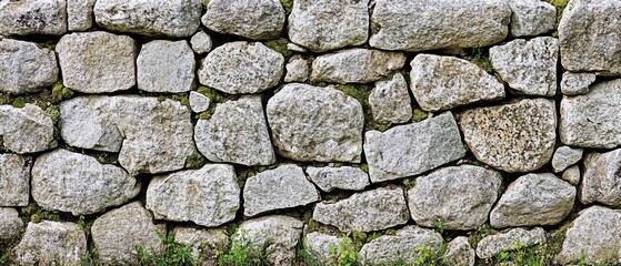 Obraz premium Close up of a rustic stone wall with moss and grass growing in the cracks, eye level view, natural light, outdoors