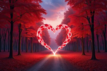 Enchanting forest road leading to glowing heart symbolizing love and romanticism for valentines day