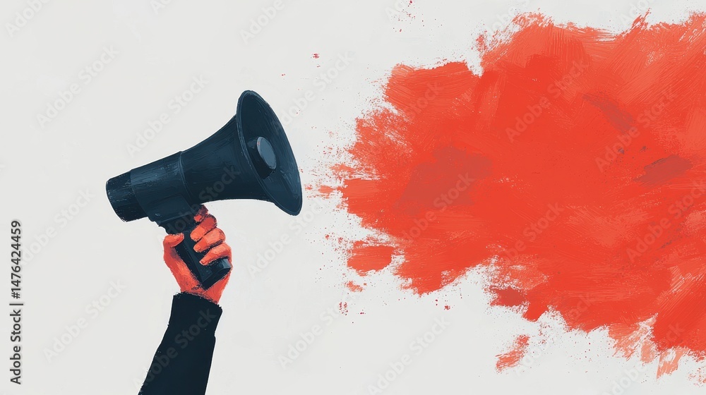 Poster hand holding megaphone with color splash background for communication and announcement concepts