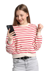 Fototapeta premium Excited teenage girl with smartphone on white background