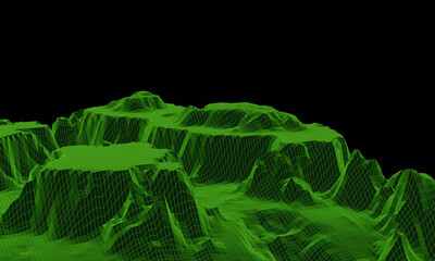 3D Low polygonal mountain grid. Green topographic wireframe