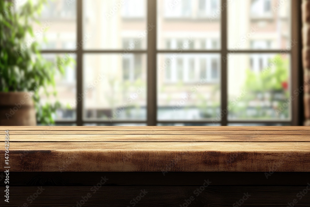 Poster empty wooden table in front of a window