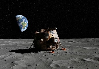 Lunar module on the moon surface with planet earth in the background. Space exploration vehicle after landing. Vintage spacecraft on alien planet for astronomy and science concept.