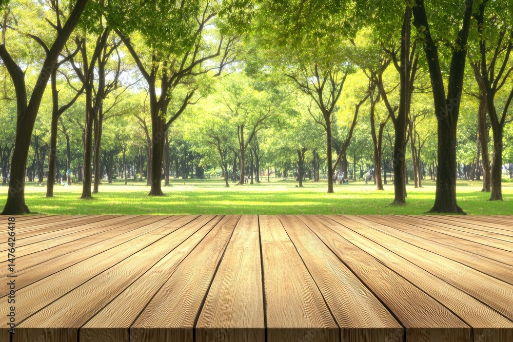 Poster empty wooden platform in a park. lush greenery and trees in the background