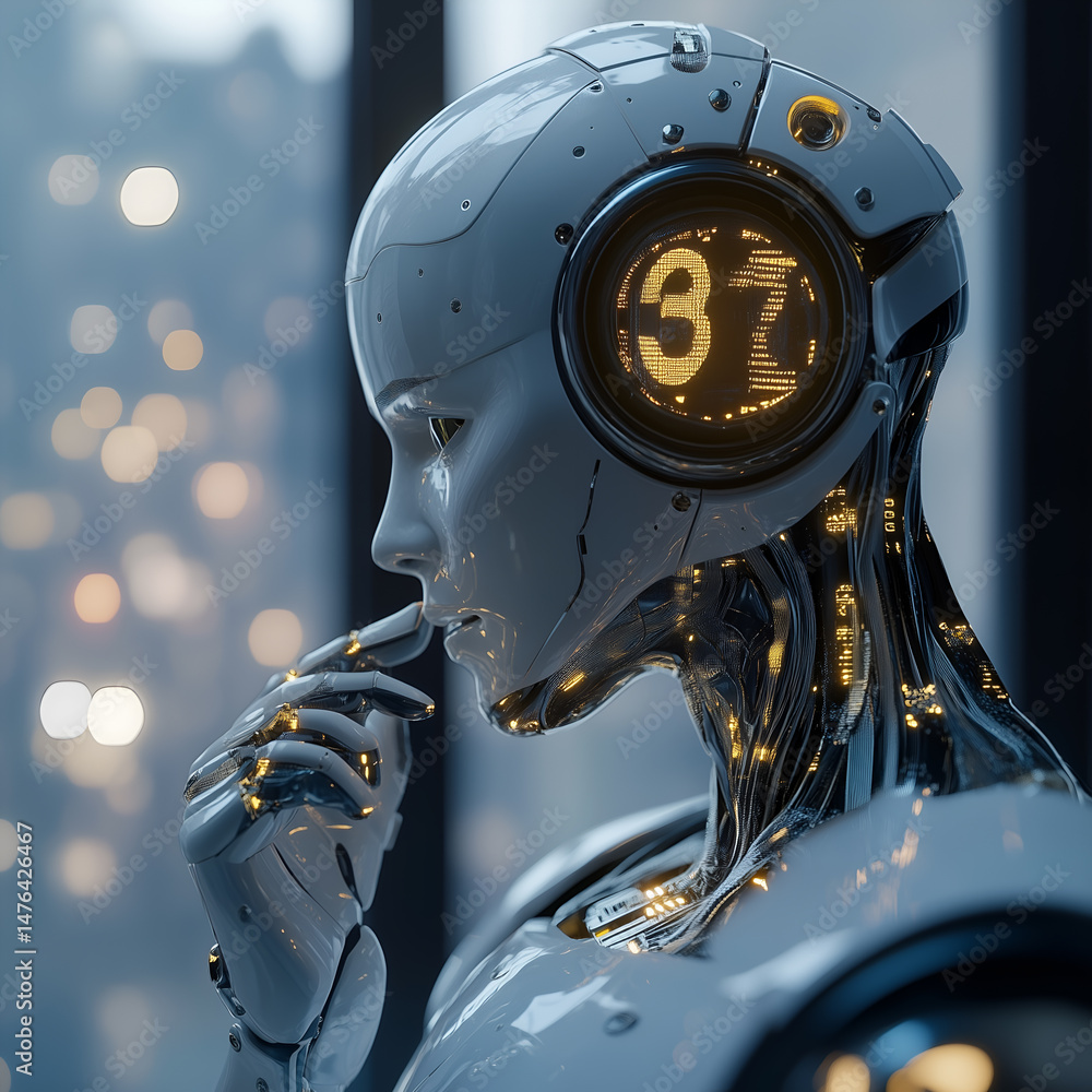 Poster an ai android with a thoughtful expression and city background
