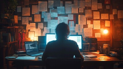 A person works late at a messy desk, focused on uncovering government misconduct.
