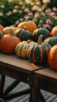 Vibrant autumn pumpkins arranged on rustic wooden table in sunlit garden