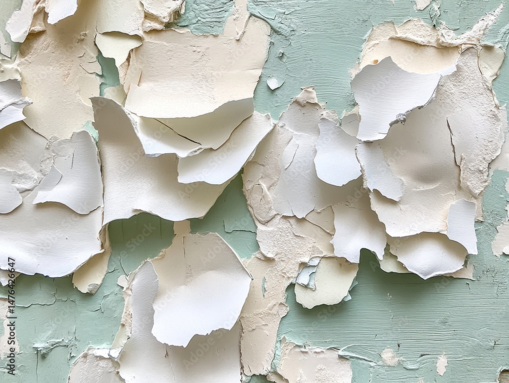 Poster close-up of peeling paint on wall showing layers and texture in a vintage style with soft light and 