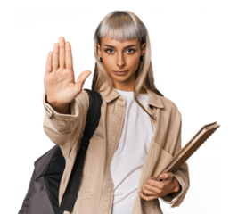 Caucasian young student with books standing with outstretched hand showing stop sign, preventing you.