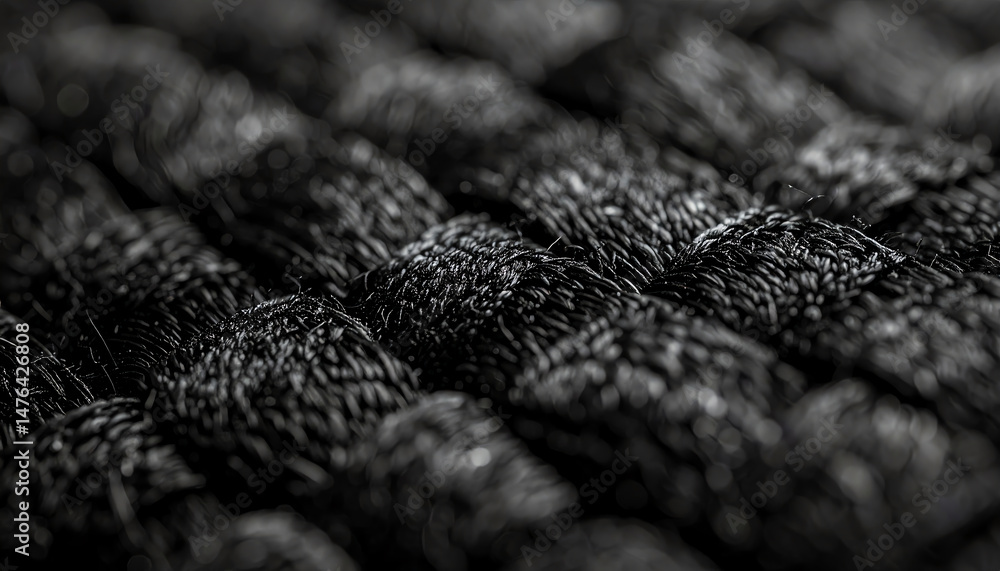 Poster close-up of a textured black woven surface, highlighting intricate patterns and fibers, creating a v