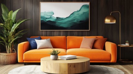Cozy space with an orange sofa, round table, abstract art, pendant light, and a potted plant adding natural charm