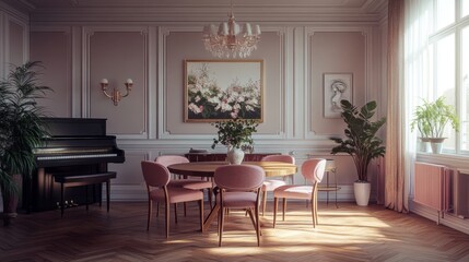 Elegant dining room with a round wooden table, pink chairs, chandelier, wall art, piano, and herringbone wood flooring