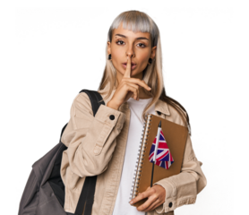 Young erasmus student with books keeping a secret or asking for silence.