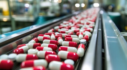 Obraz premium Pharmaceutical Production: Capsules on Conveyor Belt