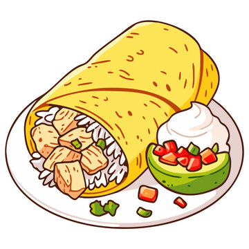 Tortilla wrap with meat and rice on a plate, with avocado and sauce, burrito or kebab fast food, doodle isolated cute clean and simple cartoon vector illustration