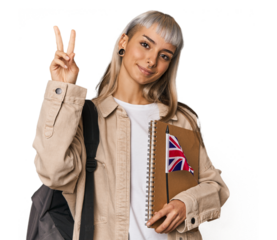 Young erasmus student with books showing number two with fingers.